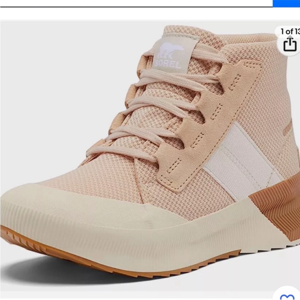 $180 Sorel Women's Out N About III Mid Sneaker in Nova pink blush tan Sand 7.5